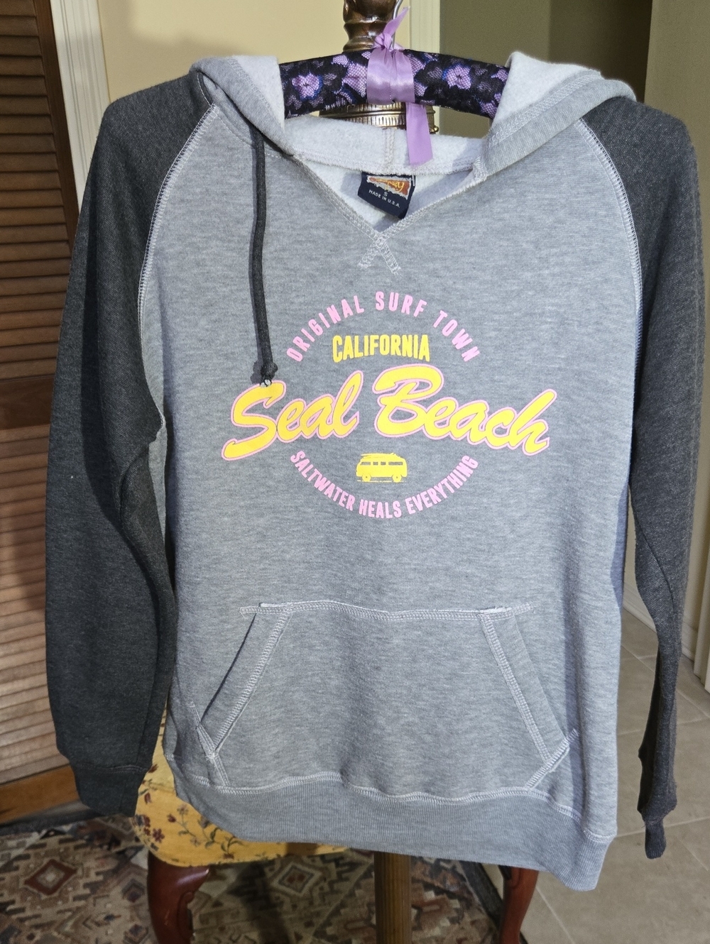 Gray Two-Tone Seal Beach Graphic Hoodie Sweatshirt